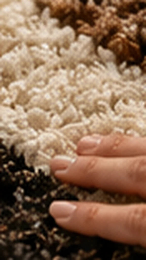A hand on the pile of a Carpeet rug