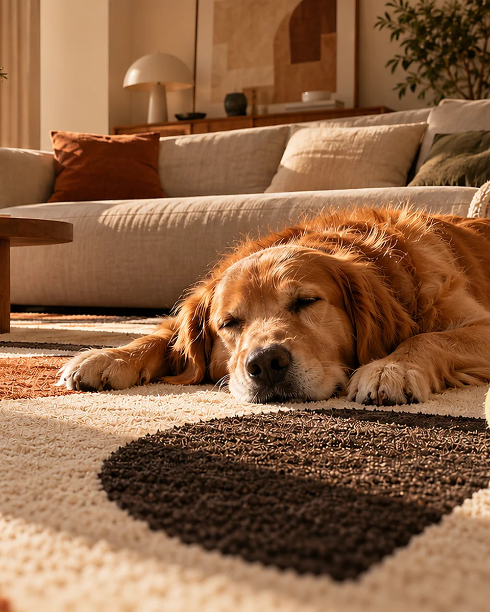 Custom washable rug made from a customer’s design, in a sunlit living room with a golden retriever