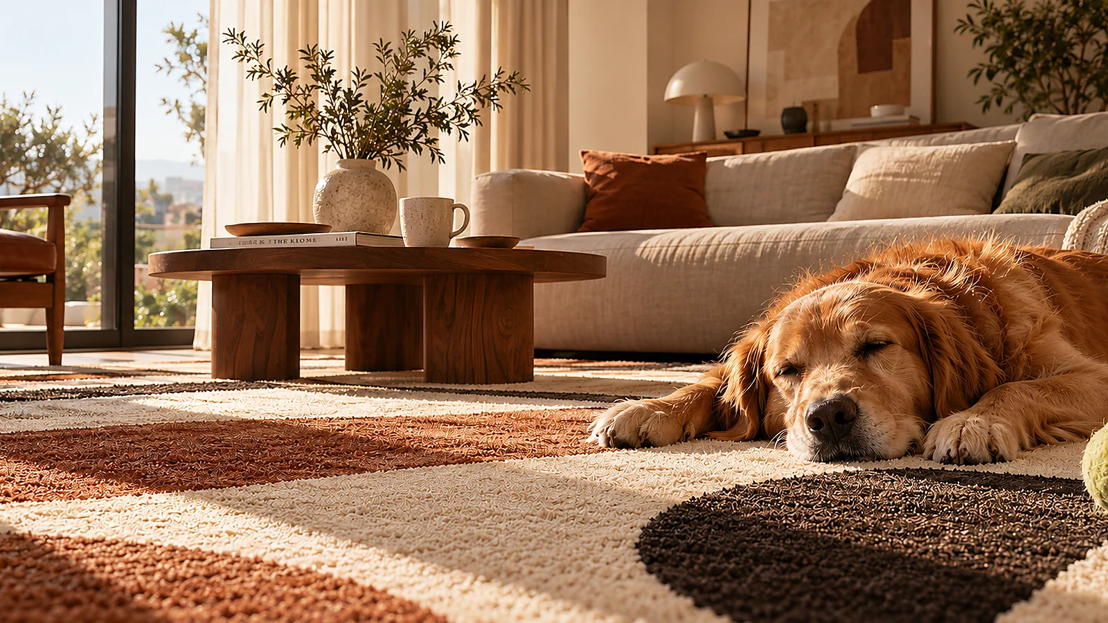A lived-in living room with a Carpeet rug under the sofa